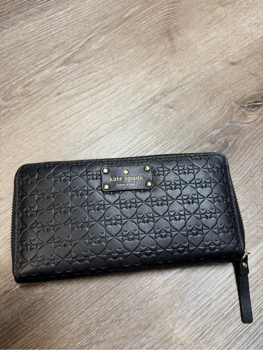 Kate Spade Black Embossed Spade Zip Around Continental Wallet